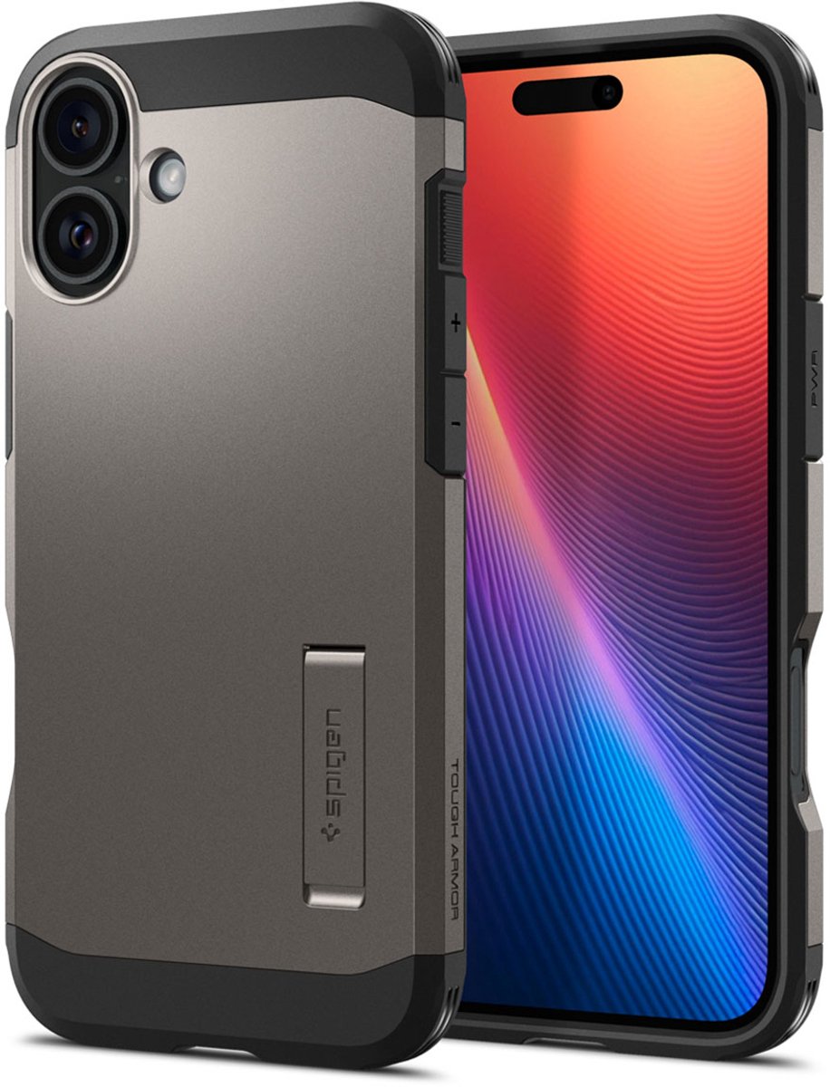 Spigen Tough Armor Hoesje Geschikt voor Apple iPhone 16 | Compatibel met MagSafe | Back Cover Militaire Standaard | Kickstand | Gunmetal