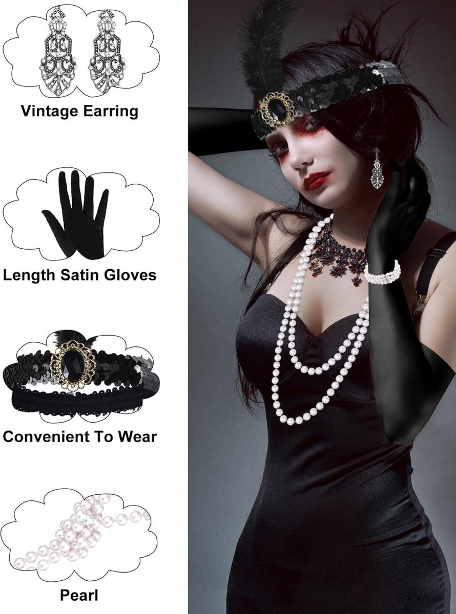 Set Accessoires Gatsby Années 20 – 6 Pièces – Bandeau Plumes, Gants, Collier Perles – Pour Fête Costumée Ou Soirée Chic