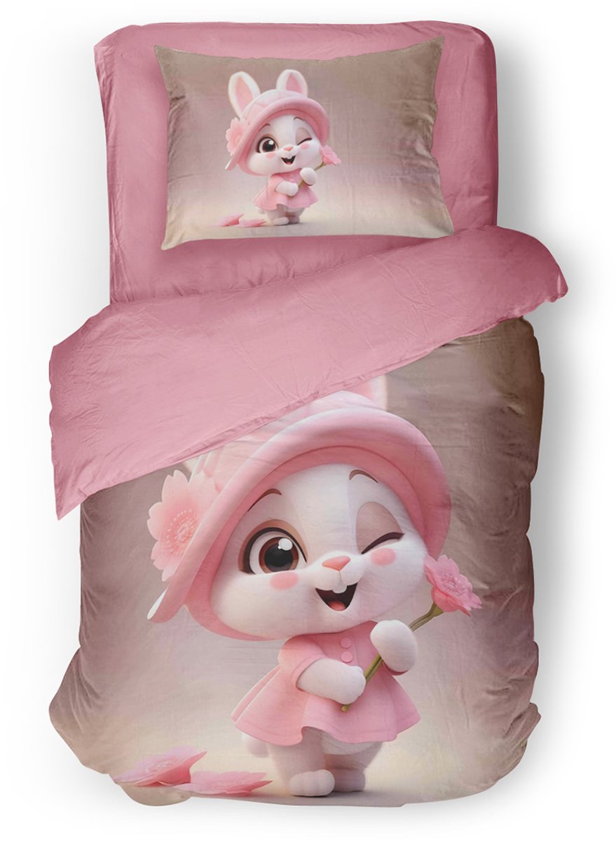 Eleganzzz Kinder Dekbedovertrek Fluffy Ears - Old Rose - 140x200/220cm - Dekbedovertrek Kinderen - Micropercal - Eenpersoons