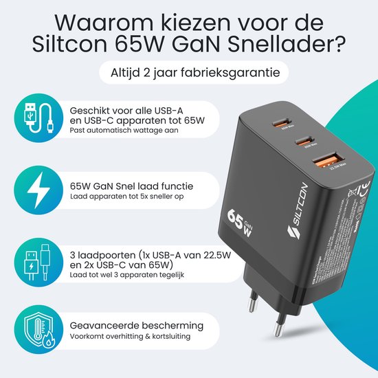 Siltcon® 3-in-1 Snellader USB-C 65W - USB C Adapter - Oplader USB-C - 2x USB-C PD 65W - 1x USB-A PD 22.5W - GaN Technologie - Universeel o.a. Telefoons, Laptops - Extra Compact