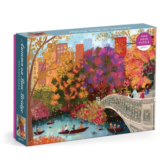 1000-delige puzzel 'Autumn on Bow Bridge' met een schilderachtig tafereel van kleurrijke herfstbomen, een brug en roeiboten op een rivier in de stad.