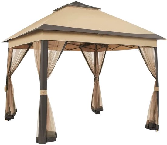Yaheetech 3 x 3 m vouwpaviljoen, waterdicht, paviljoen incl. tas met wieltjes, stabiel pop-up in hoogte verstelbaar, uv-bescherming 50 , tuintent, partytent, partytent, beige