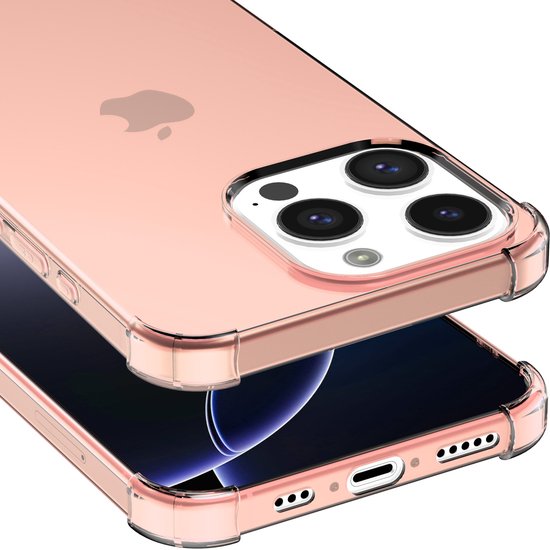 Lichtroze transparant hoesje voor iPhone 16 Pro Max, detail van de onderkant en camera.
