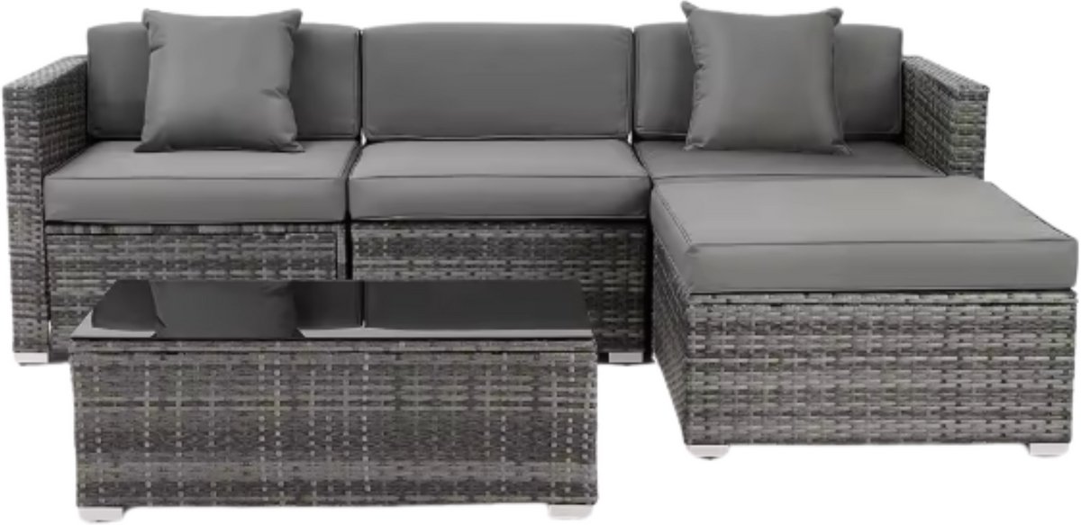 Polyrotan Lounge Tuinset voor 4 Personen - 5-delige Tuinmeubelen Set met Hoekbank en Salontafel - Incl. Kussens voor Patio & Tuin - Donkergrijs