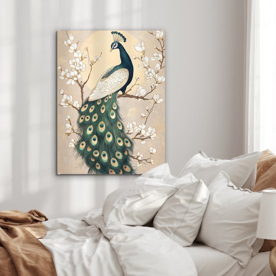 MuchoWow® Peinture sur verre 60x80 cm - Peinture sur verre acrylique - Paon - Branche - Fleurs - Photo sur verre - Décoration murale salon - Décoration murale chambre - Peintures