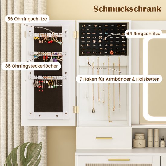 Intérieur de l'armoire à bijoux avec de nombreux compartiments pour boucles d'oreilles, bagues, colliers et bracelets.