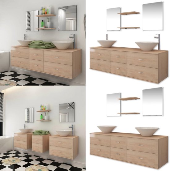 vidaXL Badkamermeubelset 9-delig met kraan en wasbak beige - Badkamer Meubel - Badkamer Meubels - Badkamermeubel - Badkamermeubels