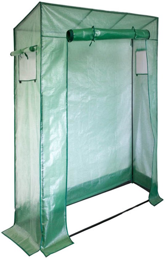 Groene kweekkas met transparante deuren en ventilatievensters.