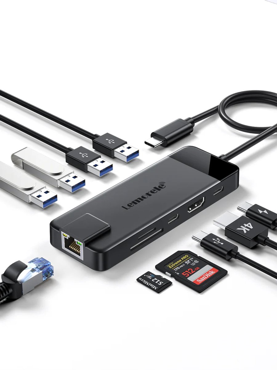 Lemorele™ TC93 – USB-C Multiport Adapter – 10-in-1 Hub met HDMI 4K, RJ45 1000Mbps, VGA, USB 3.0, SD/TF, 100W PD – Voor MacBook Pro/Air, Windows, iPad Pro