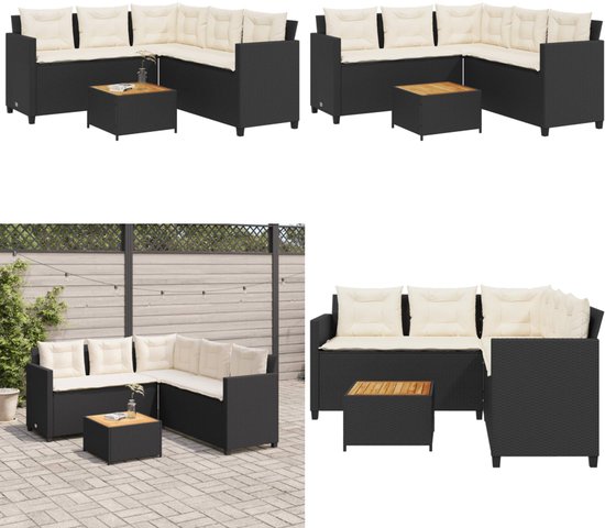 vidaXL Loungeset met kussens en tuintafel - Grijs - Poly Rattan - 7 stuks | Leen Bakker