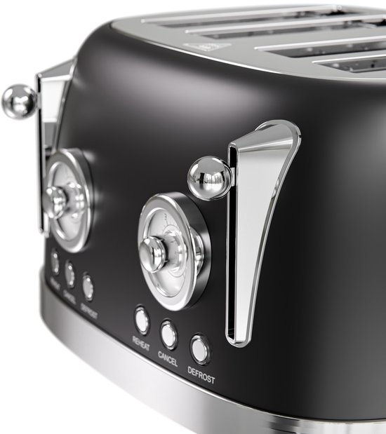Grille-pain rétro KitchenBrothers - 6 niveaux de chaleur - 4 fentes Extra larges - 815 W - Zwart