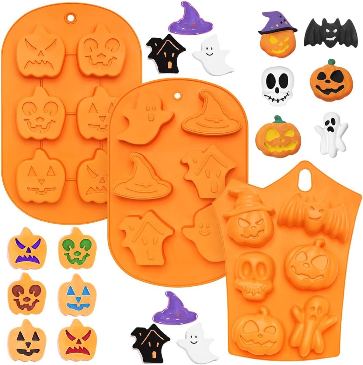 Ibenzoa® Set van 3 Siliconen Bakvormen – Halloween Motieven: Pompoen, Heks en Skelet