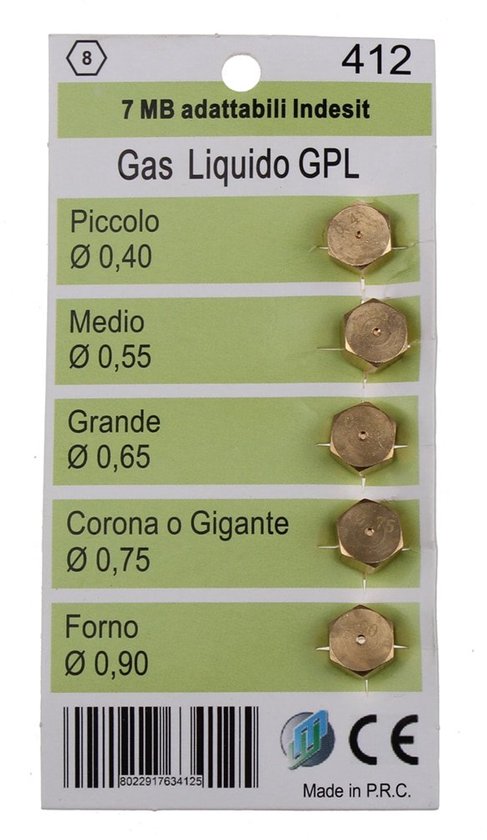 Pak met 5 gasmondstukken in goudkleur. Maten: Piccolo Ø 0,40, Medio Ø 0,55, Grande Ø 0,65, Corona/Gigante Ø 0,75, Forno Ø 0,90.