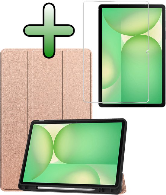 Hoesje Geschikt voor Samsung Galaxy Tab S10 FE - Met Screenprotector - Trifold Bookcase - Hard Cover Case - Met Uitsparing Geschikt voor S Pen - Hardcover Book - Tablet Hoes - Rosé goud