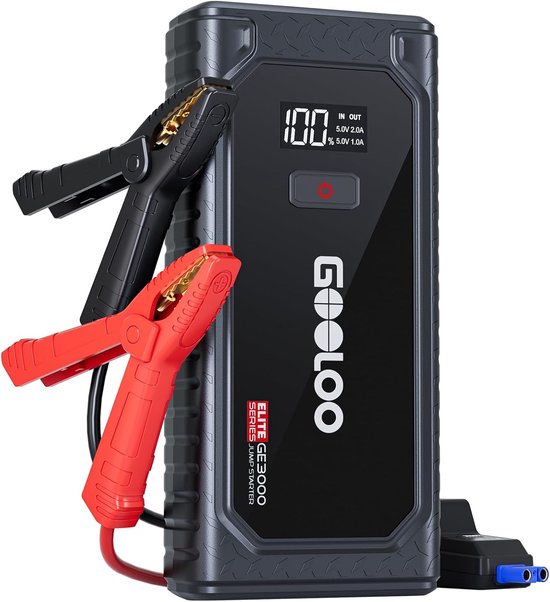 GE3000 Auto Starthulp 3000A – Draagbare 12V Lithium Jumpstarter voor Benzine (tot 8.5L) & Diesel (tot 6L) – Met LCD Scherm, Powerbank, LED Zaklamp & Type-C Poort
