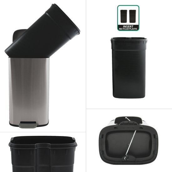 Binnenemmer uit een RVS pedaalemmer, met 'INSERT RECYCLED PLASTIC' tekst.