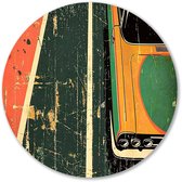 Retro auto op kleurrijke achtergrond - Auto wandcirkel - Ronde wandprint voertuig - Pop Art - Industriële muurcirkel aluminium - Industrieel schilderij - muurcirkel aluminium 60x60 cm
