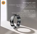 Zwarte slimme ring met ECG-symbool, toont gezondheids- en sportfuncties.