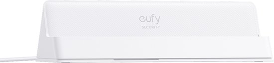 Een witte eufy beveiligingshub op een witte standaard.