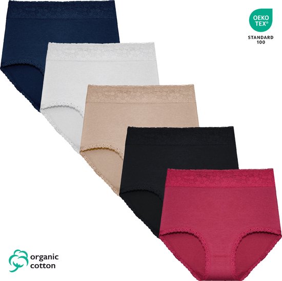 Dames Slip - Hoge Taille Slip - 5-Pack - Maat M - Effen Kleur - Organisch Katoen - Dames Ondergoed - Lingerie