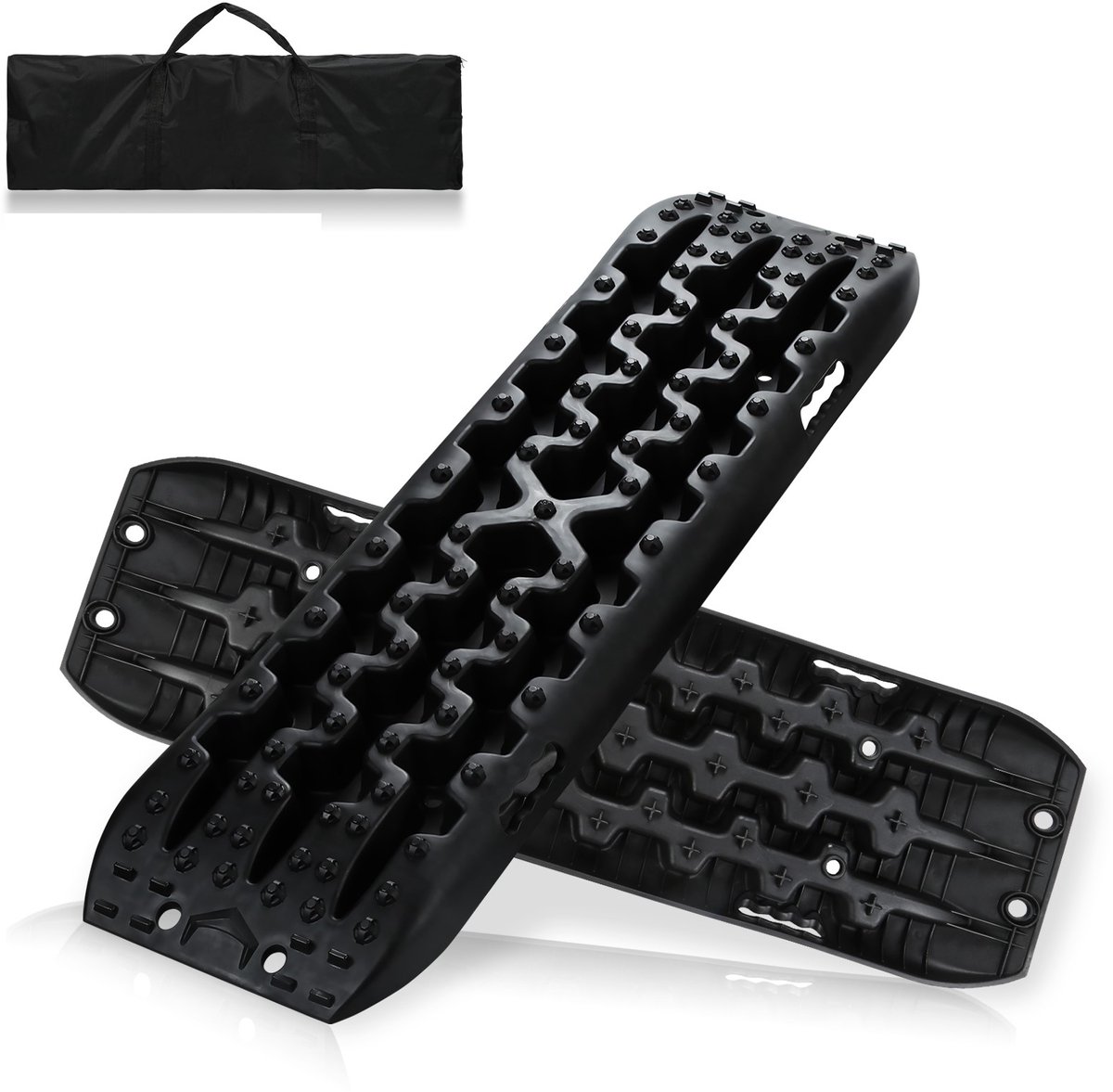 Image of 2 stuks zandplaten aanrijhulp tractiemat, camper recovery board offroad tractiehulp, Zwart, modder, zand, sneeuw, bandenladder met opbergtas voor personenauto, vrachtwagen, terreinwagen