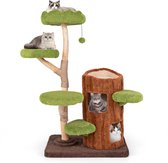 COSTWAY Krabpaal van hout, 110 cm, kattenboom met zitvlak, kattenhuis en bal, kattentoren met krabpalen van jute, massief hout, kattenkrabpaal klimboom, katten, groen