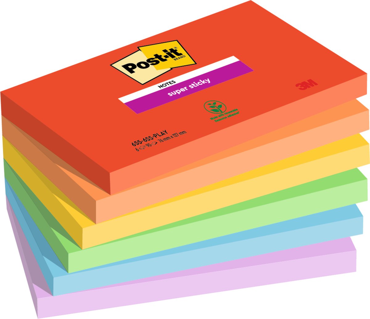 Memoblok post-it 655 super sticky 76x127mm playful | 12 stuks