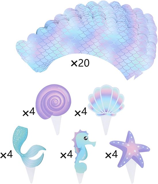 Esteopt Zeemeermintaartdecoratie, 48 stuks, taartdecoratie voor kinderen, vrouwen, verjaardagsdecoratie, voor cupcake-toppers, wrappers, zeemeermin-themafeestdecoratie