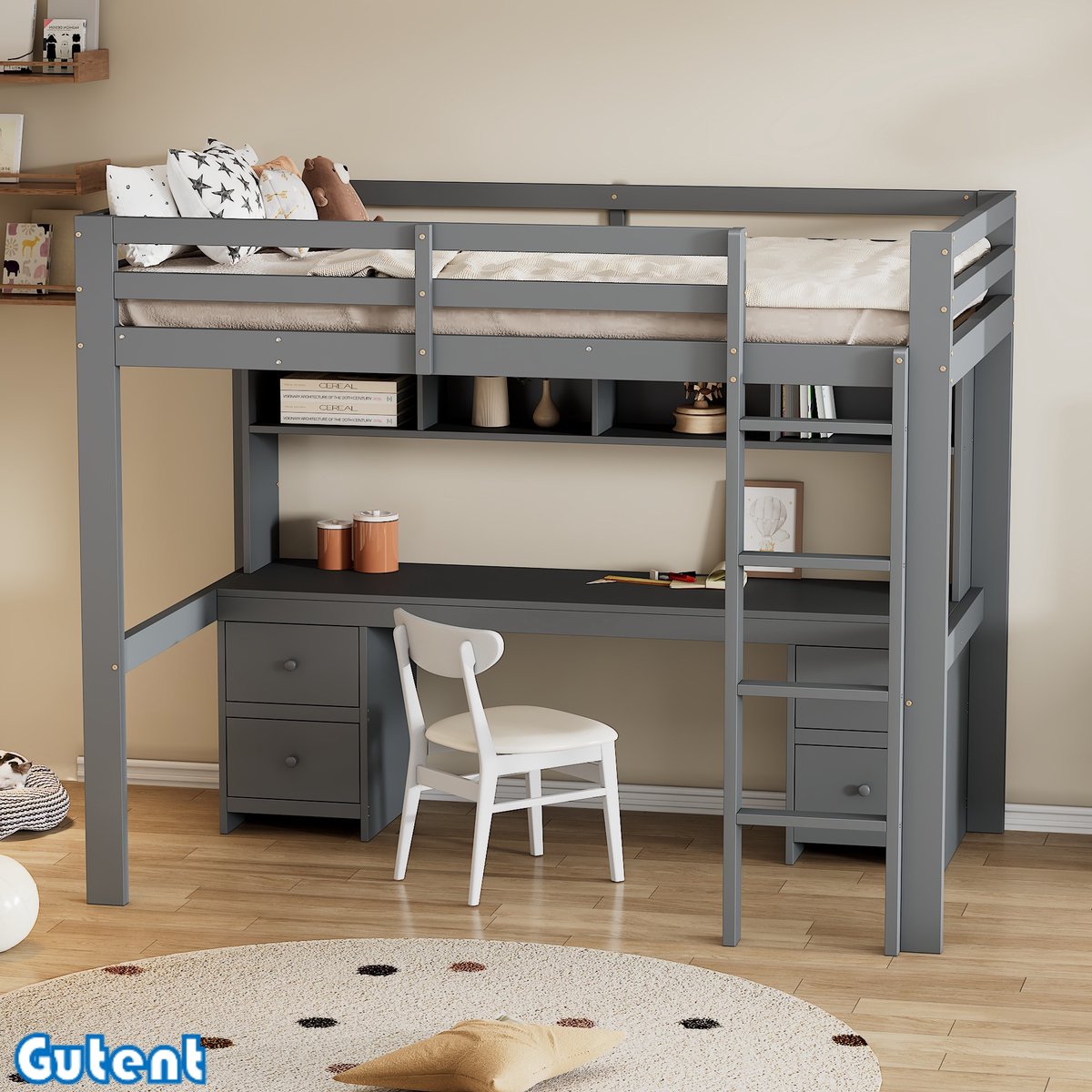 Gutent Hoogslaper-90*200 cm-Kinderbed-met-tafel-onderop-Opbergruimte-Trap-stabiel-Grijs-Geen matras-Geen stoel