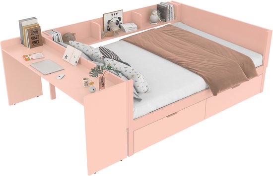 Roze slaapbank met bureau, boekenplanken, kussens en een uitgeschoven lade.