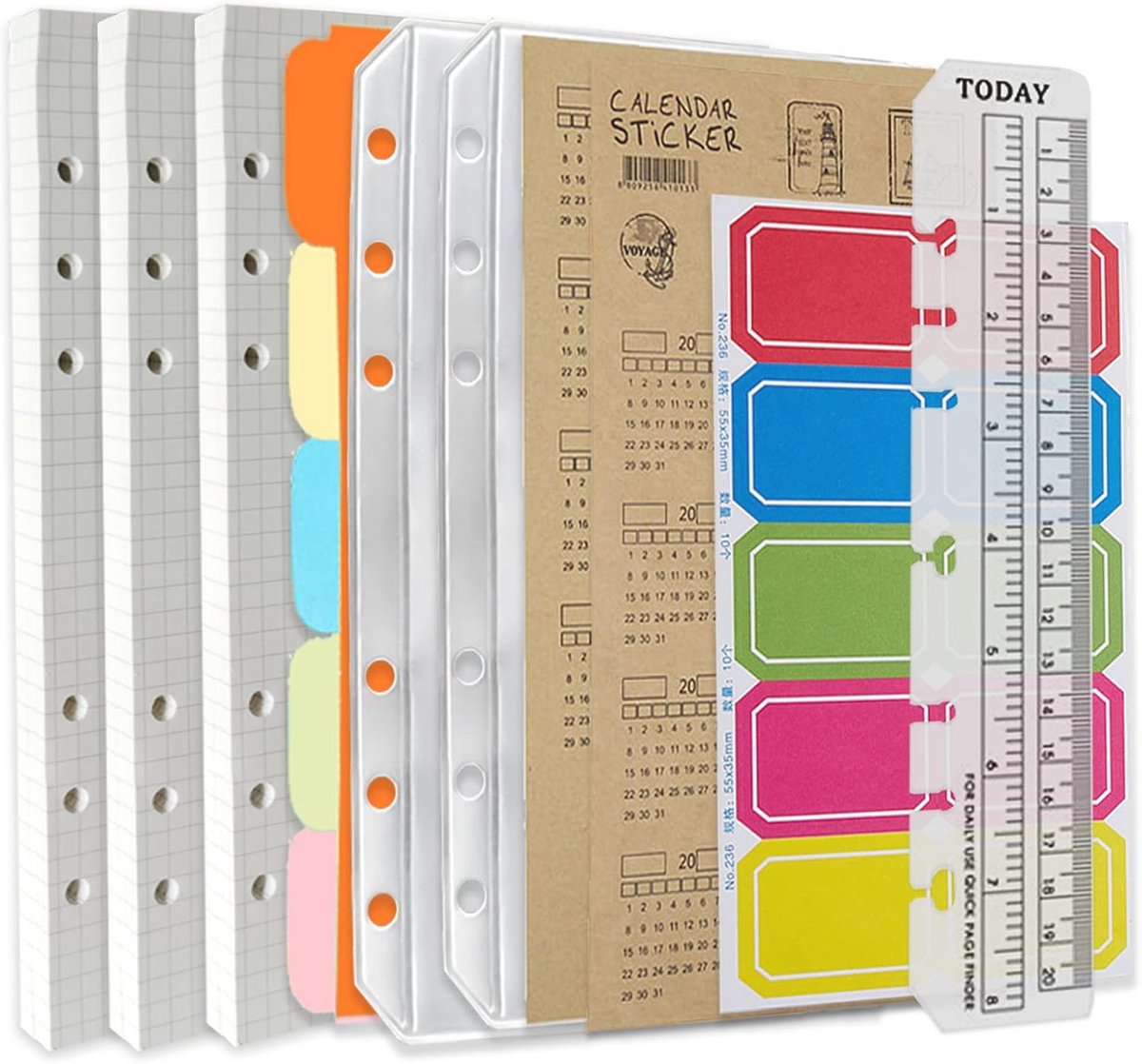 A5 6-Gaats Ringband Notitieboekset - Navullingsset met Grafiekpapier, Ringbandzakken, Verdelers en Indexnotitietabbladen