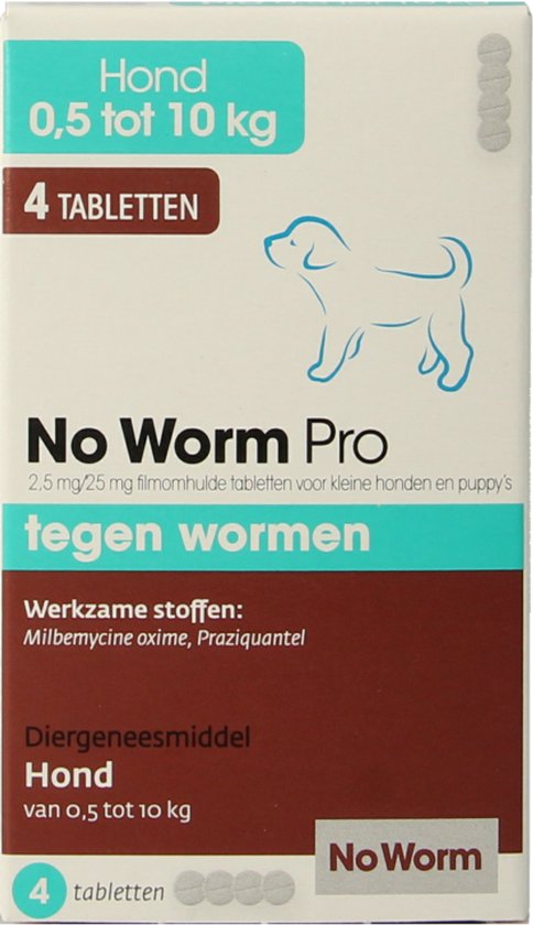 No Worm Pro tabletten (4 stuks) voor honden van 0,5 tot 10 kg, met illustratie van een hond.
