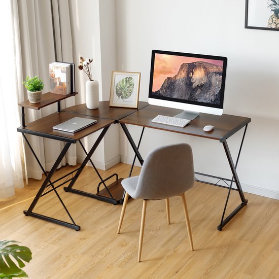 COSTWAY L-vormig houten computerbureau Hoekbureau met monitorstandaard