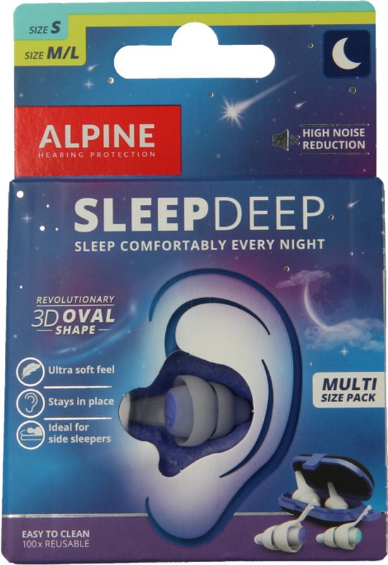 Alpine SleepDeep Multisize- Bouchons pour dormir - Confortable et haute atténuation - Moyen & Petit 27dB - 2 paires