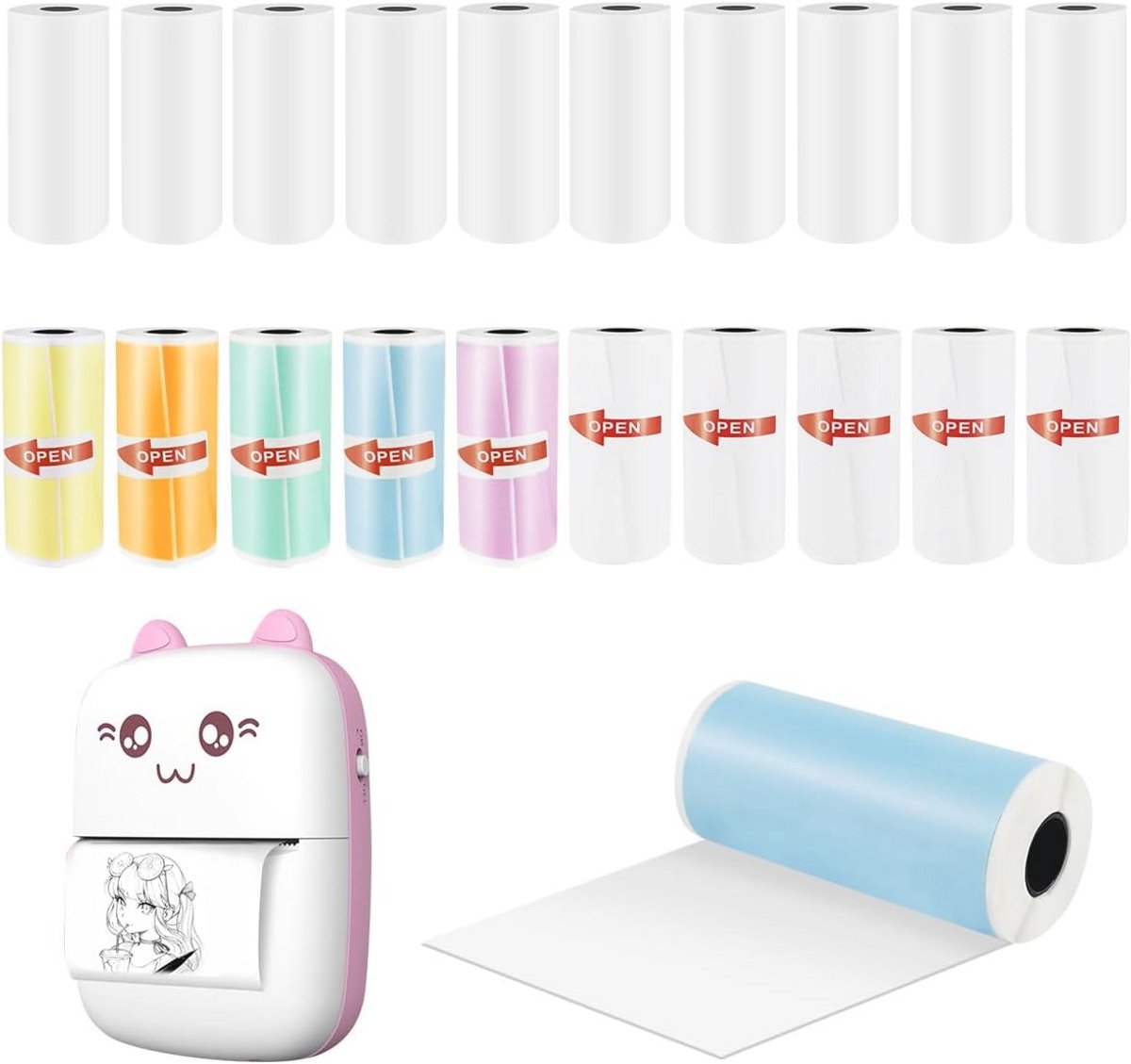 20 Thermische Printer Papier Rollen, 57 x 25 mm - Zelfklevend, Gekleurde en Witte Rollen voor Mini-Printers