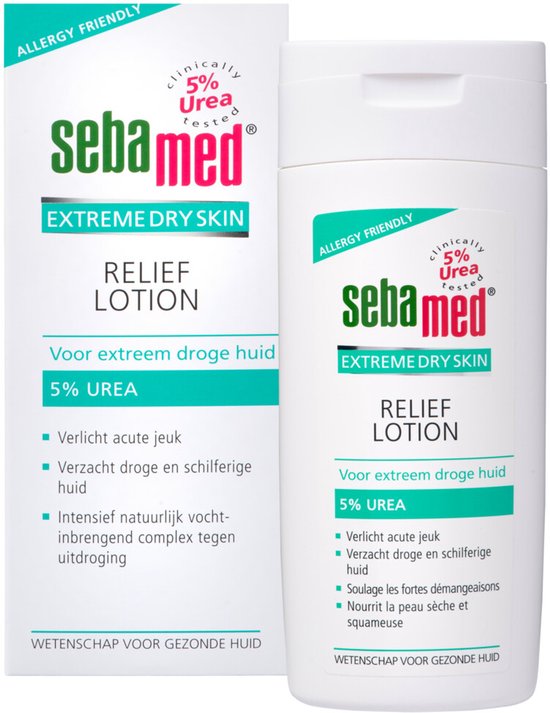 Sebamed Relief Lotion voor extreem droge huid, met 5% ureum, in verpakking en flesje.
