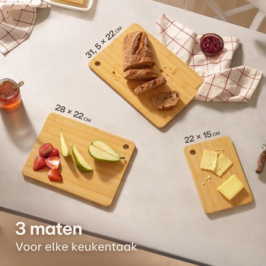 Snijplankenset van Bamboe, 3-delige Houten Snijplanken met Sapgroef