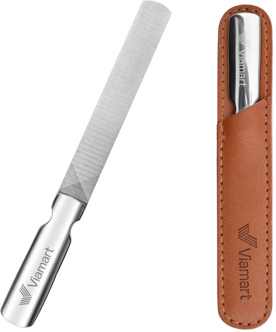 Viamart® – Limes à ongles professionnelle – Double face – Acier inoxydable – Acier – Limes à ongles pour ongles des mains et des pieds – Design ergonomique – Avec côté fin et côté grossier – Comprend un étui de rangement de Luxe – Couleur : Argent