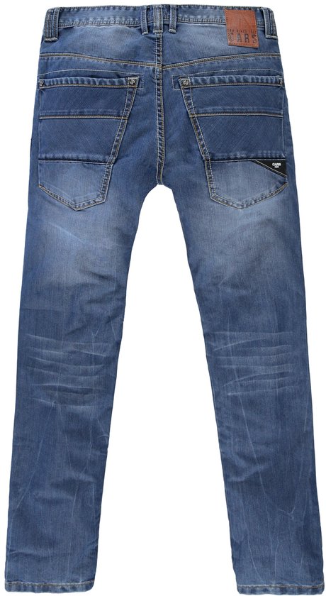 Achterkant van een blauwe spijkerbroek met twee zakken, contrasterende stiksels en een Cars Jeans label.