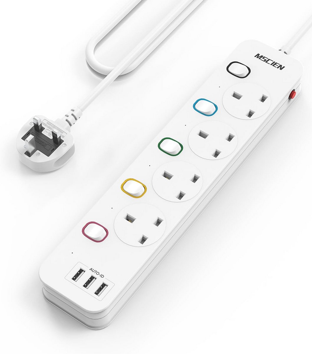 Verlengsnoer met USB-poorten en Indivuele Schakkelaars - 4 Weg 3250W 4 Meter