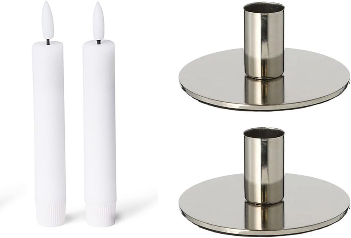 Novaliv Set van 2 kaarsenhouders van metaal zilver 10x5cm met LED-stokkaars premium flikkerend licht vintage kaarsenhouder retro woondecoratie kersttafeldecoratie kandelaar kaarspen decoratieve schaal