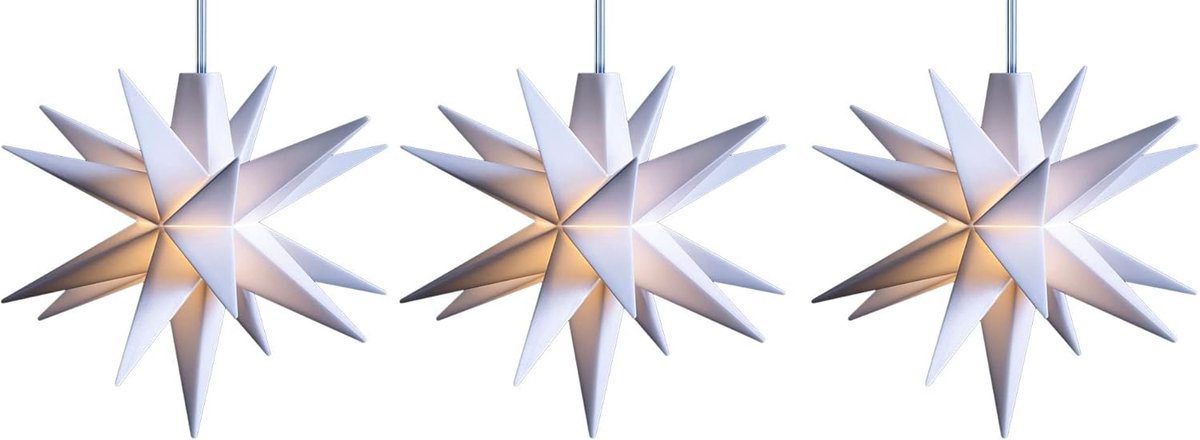 Novaliv 3x Kerststerren LED decoratieve ster klein 12cm WIT met batterijvak voor 3 AA-batterijen 6u timerfunctie (1,5m kabel) INTERIEURDECORATIE 3D-ster 18-puntige verlichte ster LED-kerstverlichting