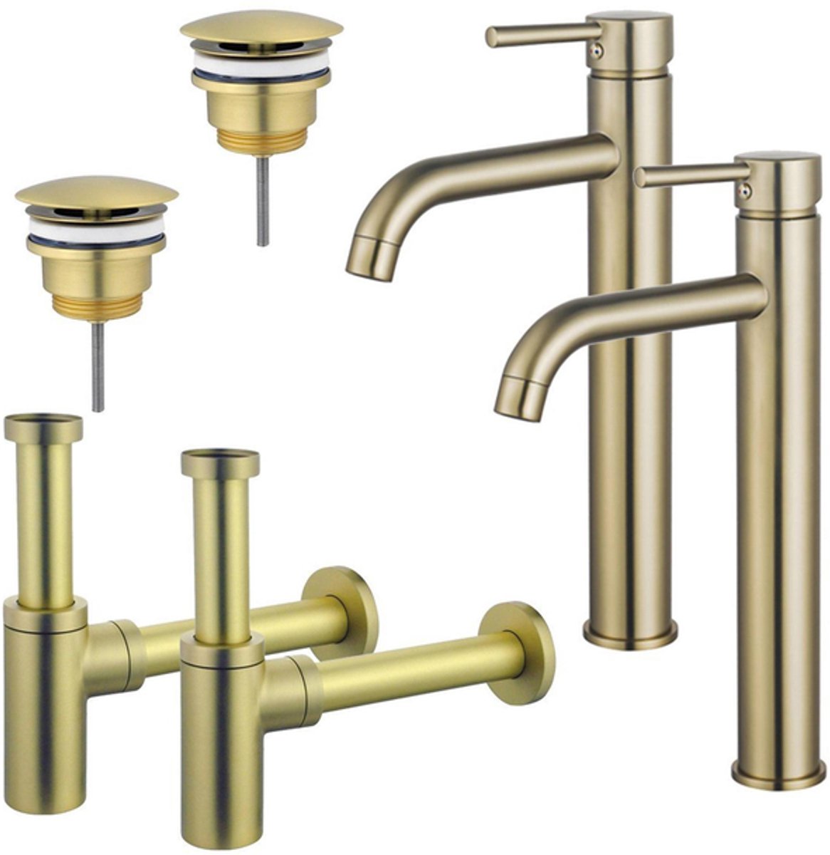FugaFlow Eccelente Sobrado Badkamer Wastafelkraanset - voor dubbele wastafel - verhoogde wastafelkraan - always open plug - design sifon - PVD Geborsteld Messing