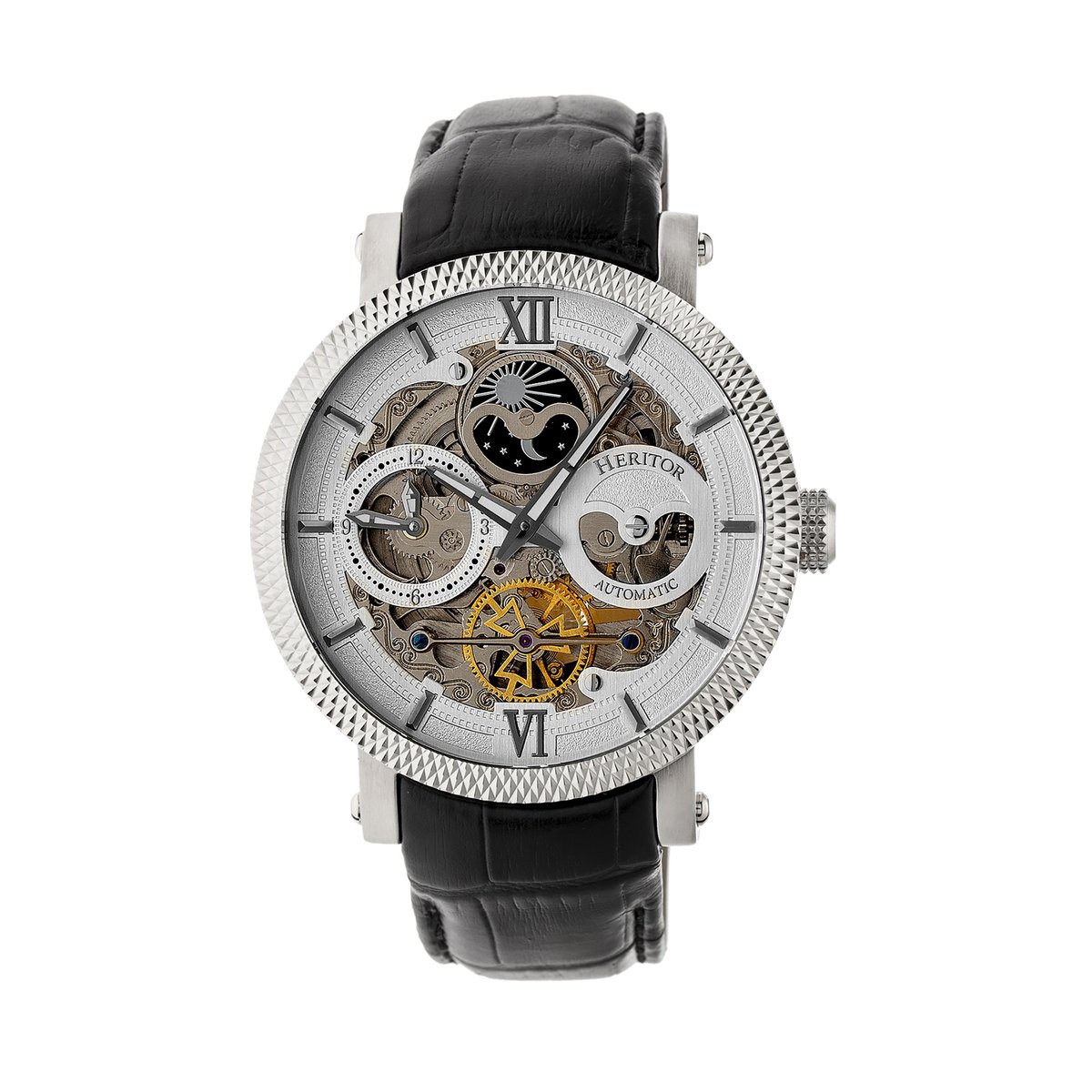 Heritor Automatic Aries Skeleton leren band horloge - Zwart-Wit