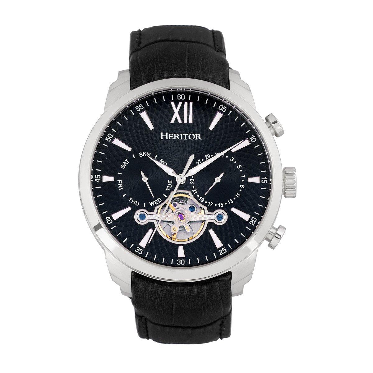 Heritor Automatic Arthur Semi-Skeleton leren band horloge met dag-datum - zilver-zwart