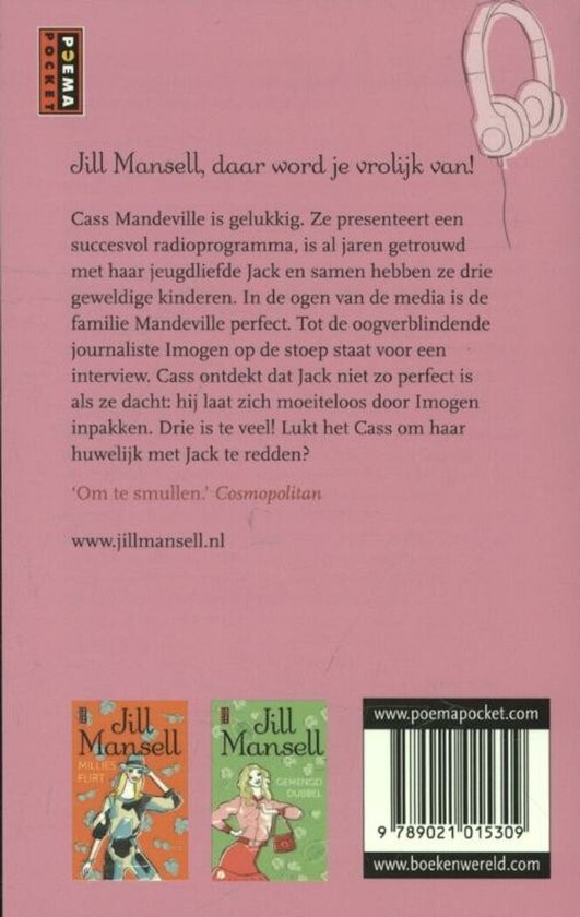 Boekomslag met illustraties van boeken en koptelefoon. Text: Jill Mansell, daar word je vrolijk van! 'Om te smullen.' Cosmopolitan.