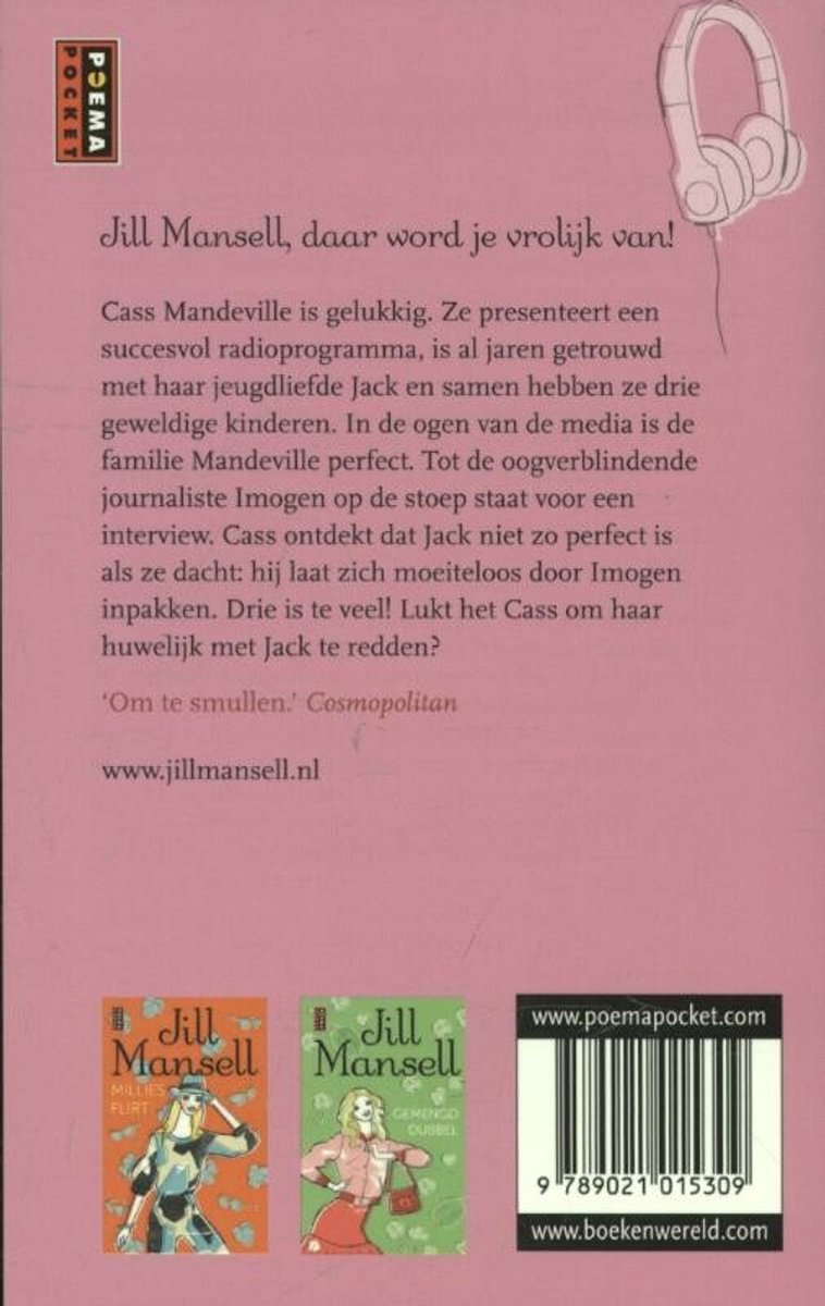 Boekomslag met illustraties van boeken en koptelefoon. Text: Jill Mansell, daar word je vrolijk van! 'Om te smullen.' Cosmopolitan.