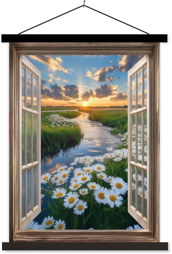 Posterhanger incl. Poster 40x53 cm - Schoolplaat - Doorkijk - Landschap - Raam - Water - Zonsondergang - Textielposter - Zwarte latten