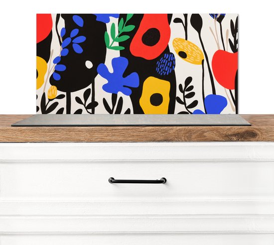 Spatscherm keuken 70x30 cm - Kookplaat achterwand Bloemen - Bladeren - Abstract - Zwart - Muurbeschermer - Spatwand fornuis - Hoogwaardig aluminium