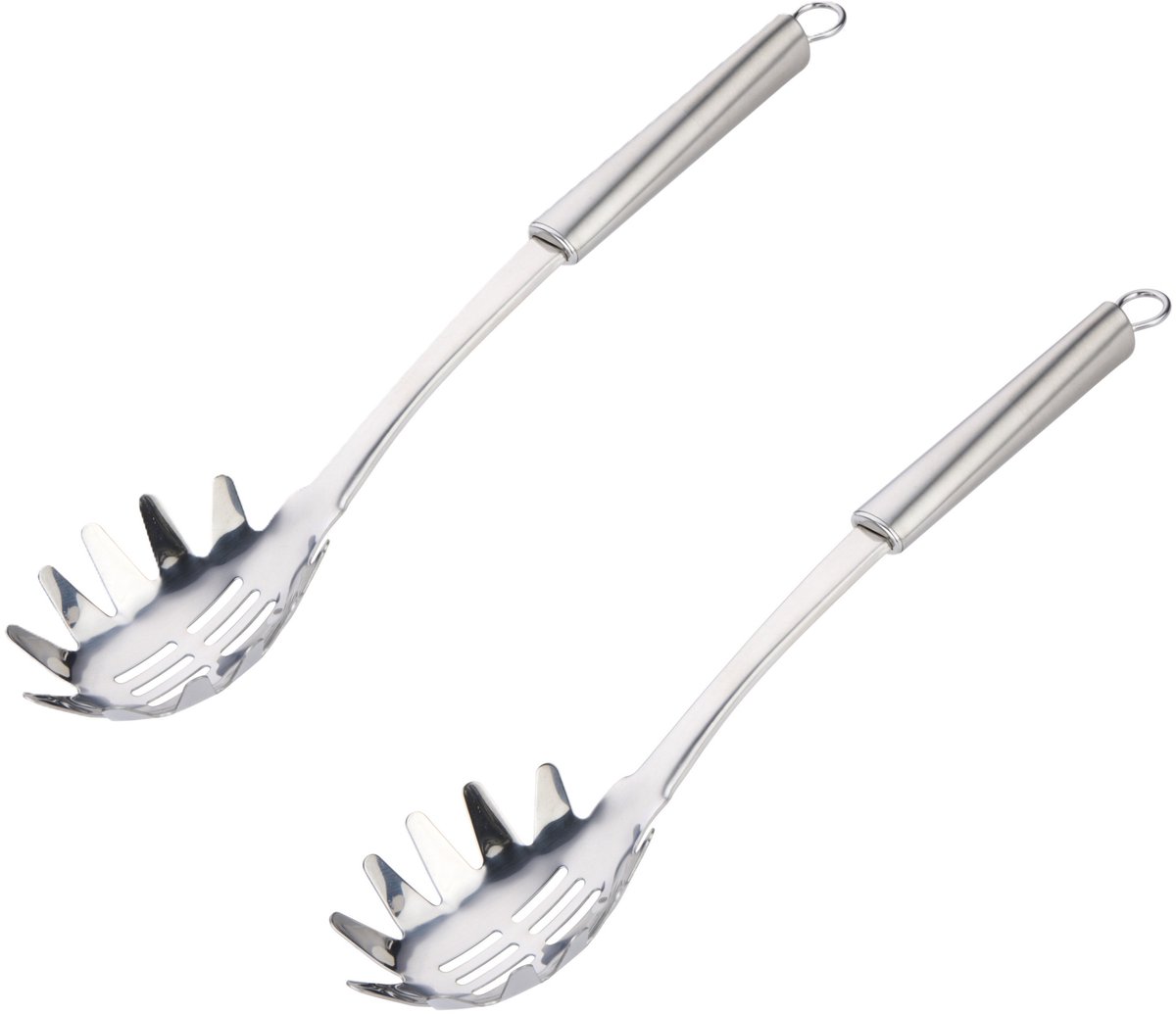 Alpina Keukengerei opscheplepel pasta spaghetti - 2x - zilver - rvs - 34 x 7 cm